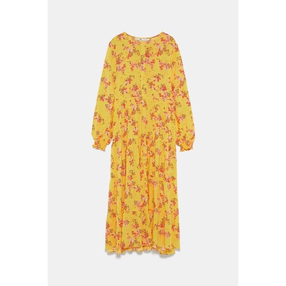 Zara | Dresses | Zara Yellow Floral Print Tiered Long Sleeved Dress |  Poshmark